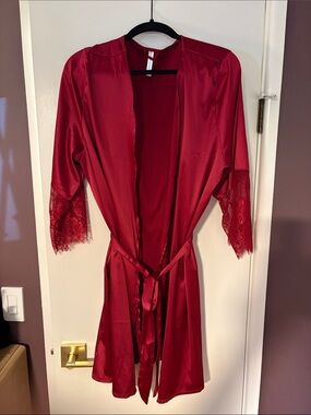 Red Satin Lace-Trim Robe - Women Intimates & Sleepwear